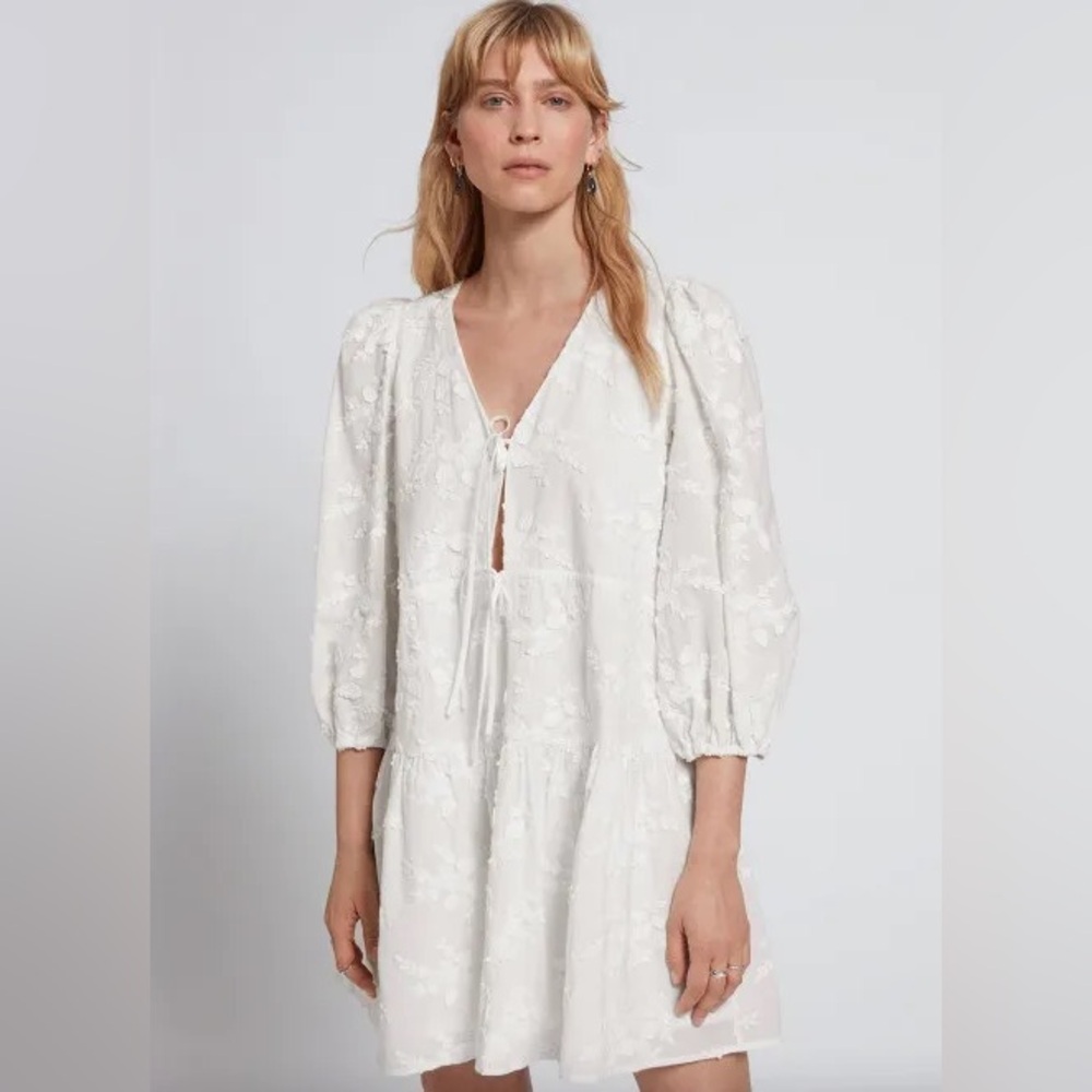 & Other Stories Tie-Front Mini Dress in White Embroidered